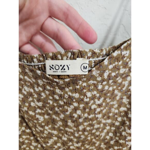 Sozy Aster Golden Brown Floral Stretchy Pocket Rayon Midi Dress Size M - Picture 4 of 6